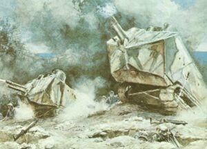 Angriff französischer Truppen mit der Unterstützung durch St.Chamond-Panzern