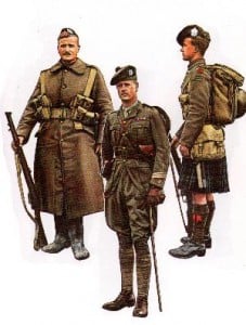Schottische Infanterie (v.l.n.r.: Highlander NCO, Offizier, Highlander)