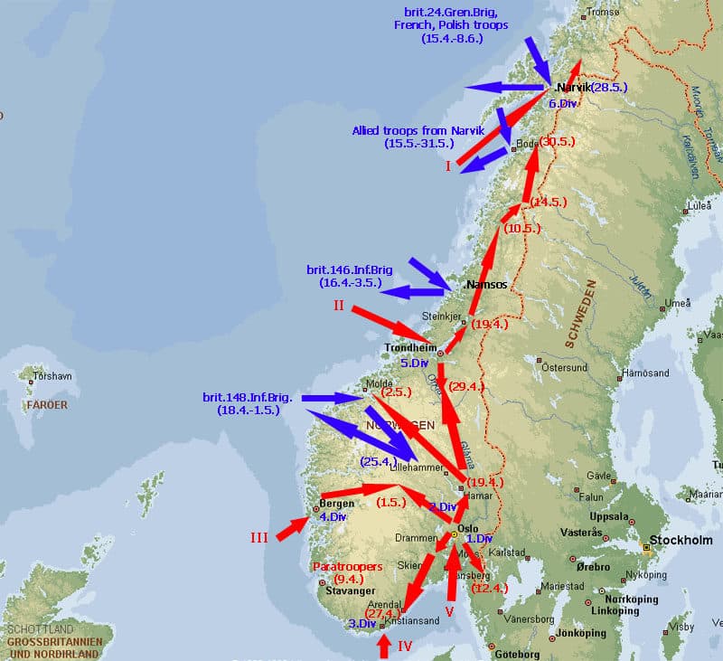 Karte der deutschen Invasion von Norwegen