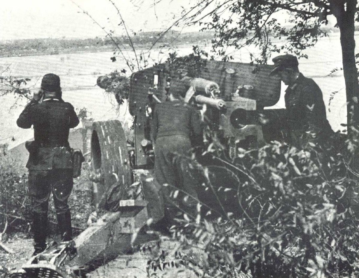 Getarnte Feuerstellung einer Pak 43/41 am Rhein