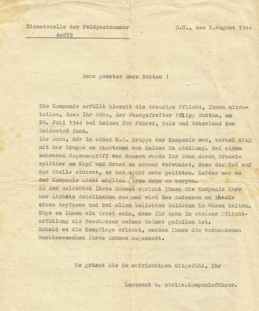 Todes-Mitteilung für Gefallenen