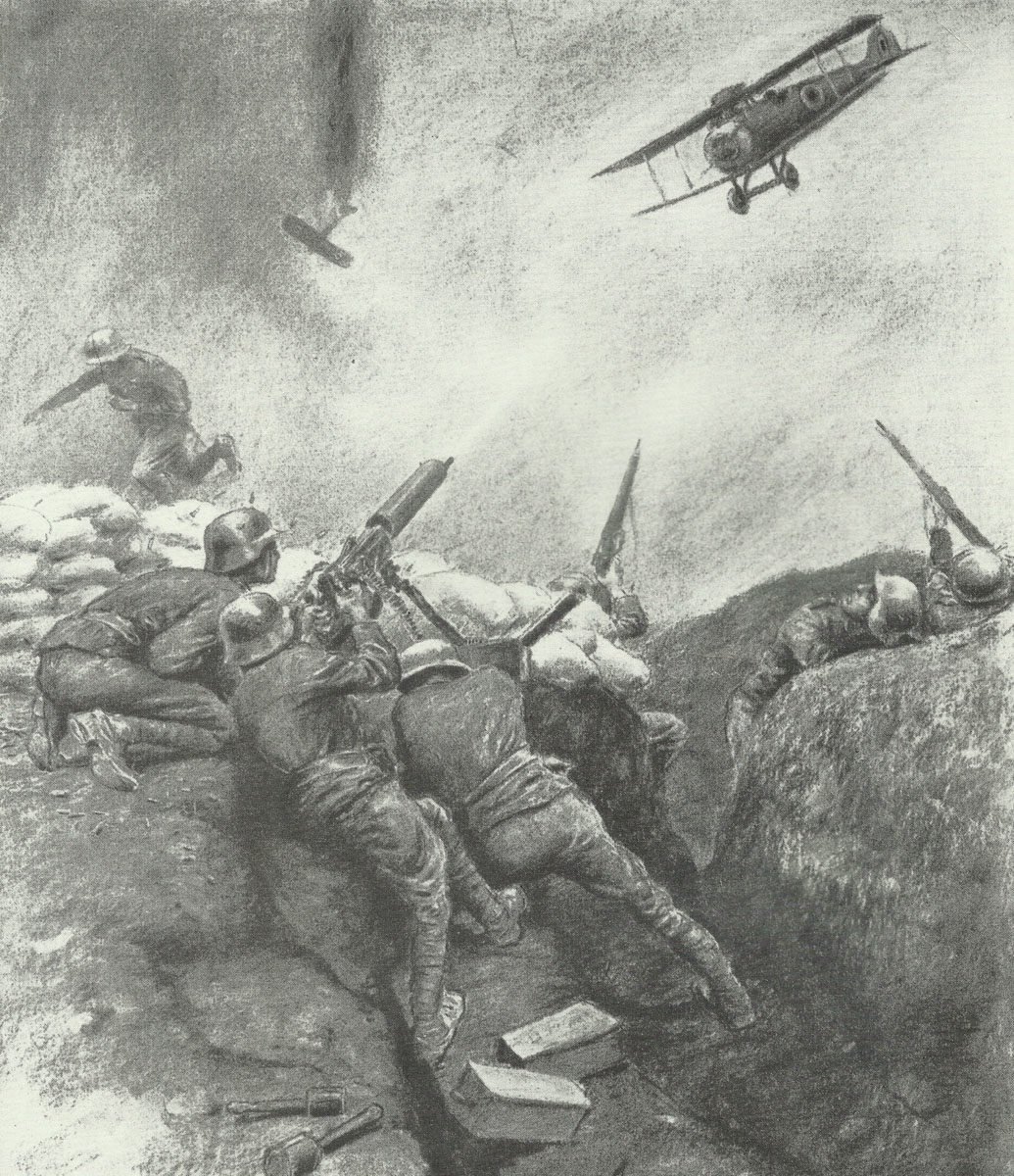 Flugzeuge von Österreich-Ungarn im 1. Weltkrieg 14 Soldaten bekämpfen im Juni 1918 englische Tiefflieger