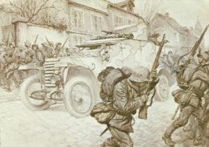 französischer Panzerwagen überrascht eine deutsche Infanterie