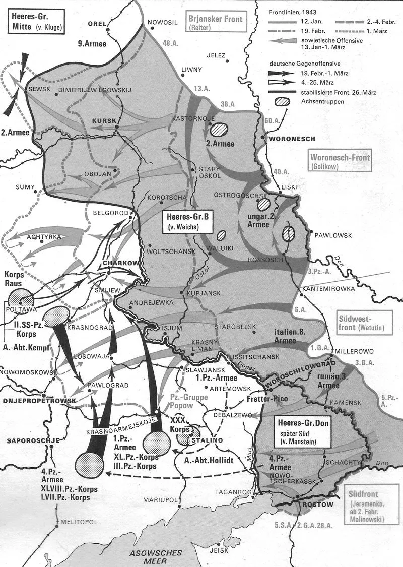 Wehrmacht Kriegsgliederung Januar 1943 und Schlacht von Charkow 10 Karte südliche Ostfront Jan-März 1943