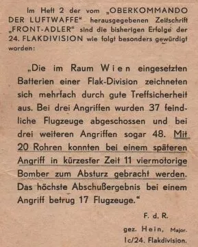 Schwere Flak 15 Erfolgsmeldung der 24. Flak-Division