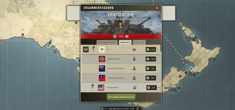 Call of War mit Australien 39 Endstand