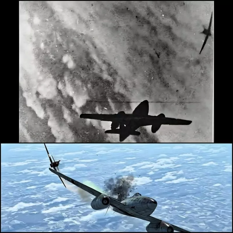 Me 262 16 Me 262, welche eine P-51 Mustang verfolgt