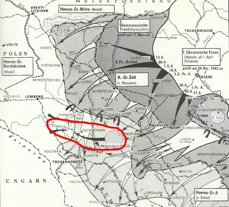Kamenez-Podolski, 1944: wandernder Kessel von Hubes 1. Panzerarmee 10 Lage bei der Heeresgruppe Süd