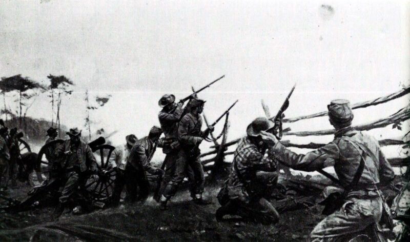 US-Bürgerkrieg 1864 4 Soldaten und Geschütze feuern auf einen Beobachtungsballon