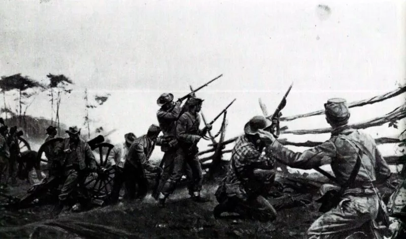 US-Bürgerkrieg 1864 4 Soldaten und Geschütze feuern auf einen Beobachtungsballon
