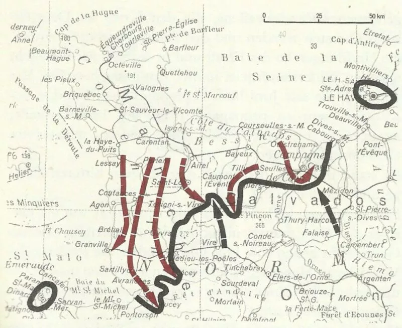 Operation Cobra, der Ausbruch der Alliierten aus dem Brückenkopf in der Normandie 11 karte normandie ende juli