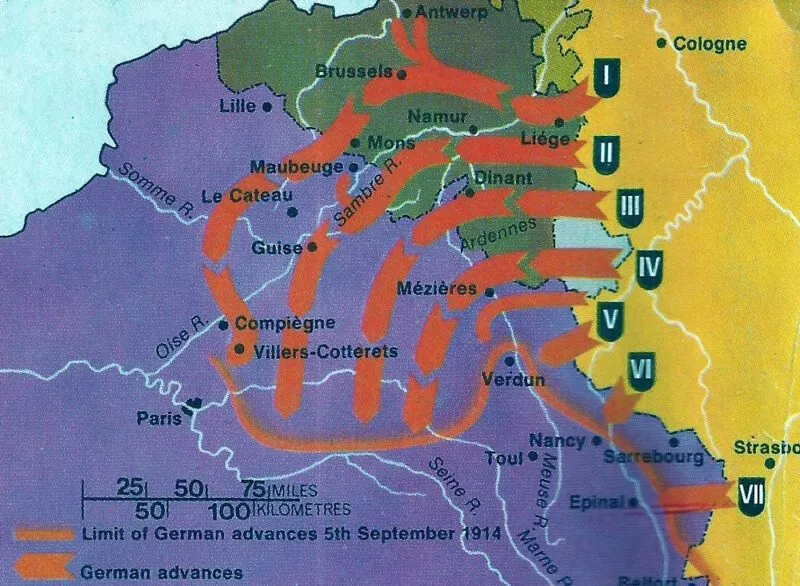 Marne-Schlacht 1914 6 Karte Vormarsch zur Marne